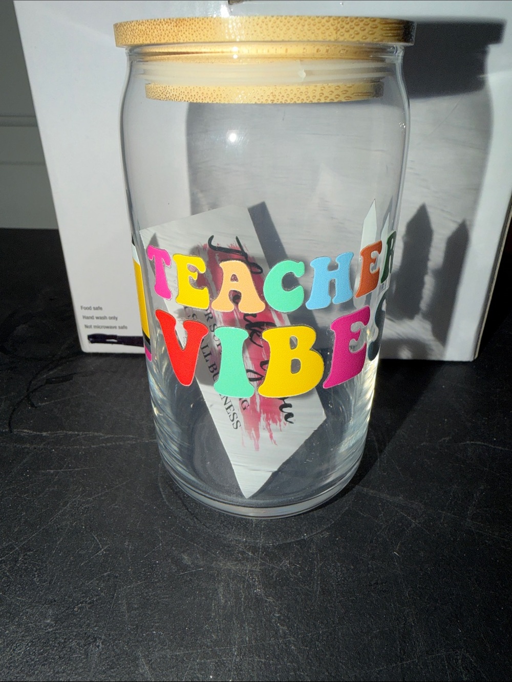 Hand Crafted Multicolor "Teacher Vibes" Glass Jar with Bamboo Lid
